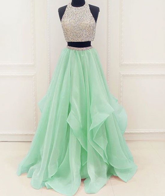 Unique Two Pieces Sequin Green Long Prom Dress, Evening Dress