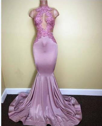 Sleeveless Sweep-train Appliques Prom Dresses High-neck Mermaid Newest Evening Dresses Party Gowns