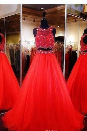 Two Pieces Prom Dresses Jewel Sleeve Real Image And Buyer Show Evening Dresses Beaded Tiered Red Custom Made Formal Party Gowns