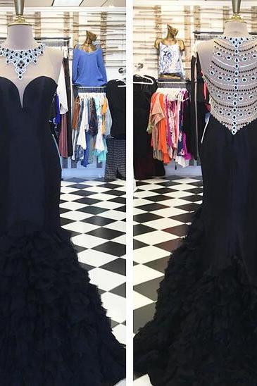 Black Mermaid Tulle Prom Dresses 2018 Crew Neck Beading Crystals Sleeveless Evening Dresses Formal Gowns Vestidos