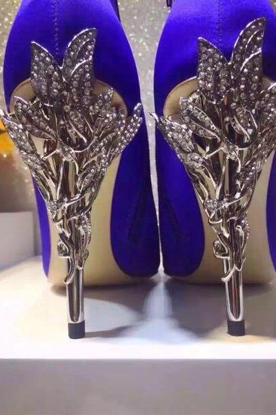 2017 Royal Blue Winter Wedding Shoes Silk Bridal Heels Shoes for Evening Party Prom Shoes