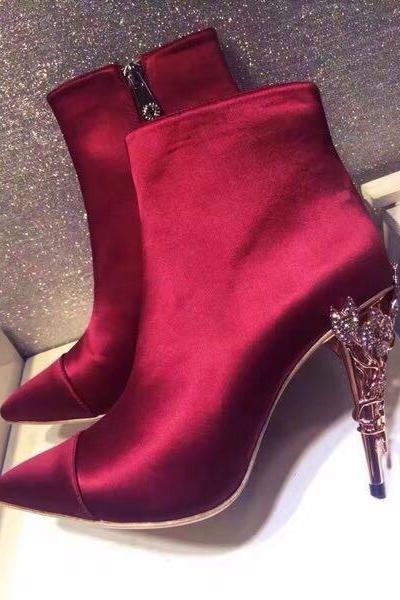 2017Wine Red Burgundy Winter Wedding Shoes Silk Bridal Heels Shoes for Evening Party Prom Shoes