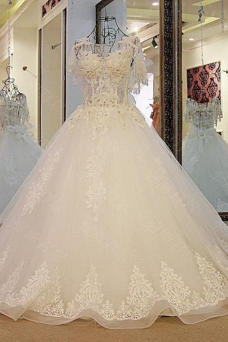  Luxury Ball Gown Wedding Dresses Short Sleeve Lace Beading Crystals Bow Lace Up Bridal Gowns