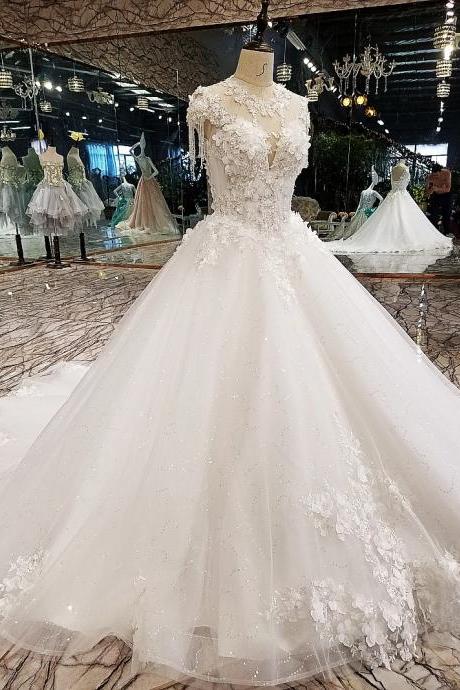 Luxury Ball Gown Wedding Dresses Crew Neck Handmade Flowers Beading Crystals Lace Up Bridal Gowns