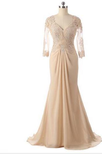 Long Floor Length Mother Of The Bride Dresses With Full Sleeves Vestido De Festa Prom Party Gowns 2017 Champagne