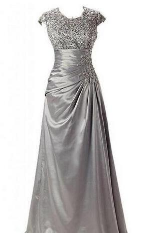 Crew Neckline Capped Sleeves Mother Of The Bride Dresses Zipper Back Pleating Beads Stretch Satin Evening Gown