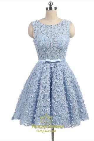 Light Blue Short Lace Sleeveless Homecoming Dresses Mini Short Prom Dress With Floral Appliques 