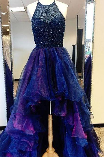 Gorgeous Halter Royal Blue Long High Low Prom Dress With Backless