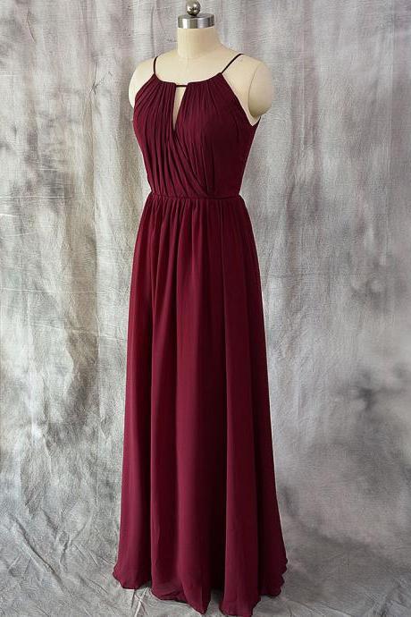 Simple A-line Spaghetti Straps Chiffon Burgundy Prom Dress Simple Burgundy Evening Dress