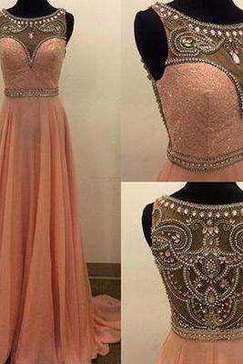  Pink A-line prom dress, beading long prom dress, sleeveless evening gown