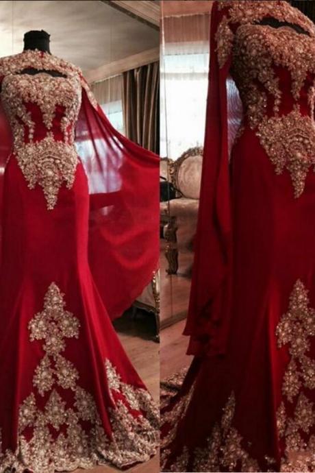 Luxurious Lace Red Arabic Dubai India Evening Dresses Sweetheart Beaded Mermaid Chiffon Prom Dresses With A Cloak Formal Party Gowns