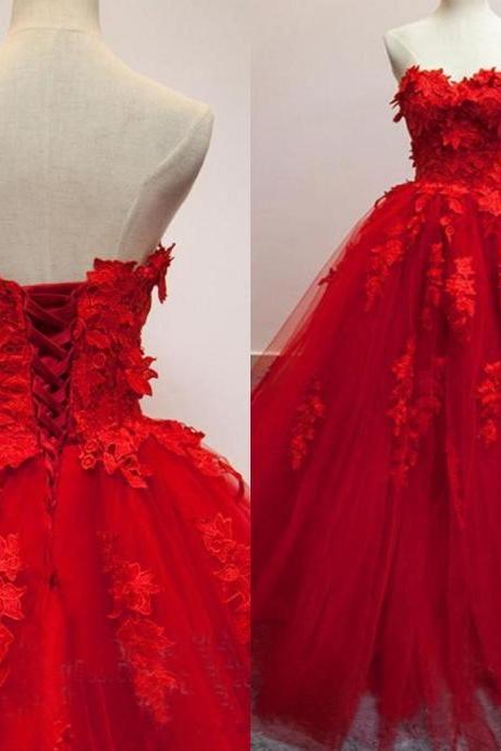 2018 Red 3d Applique Ball Gown Quinceanera Dresses Strapless Lace Up Back Prom Gowns Soft Tulle Plus Size Evening Dress