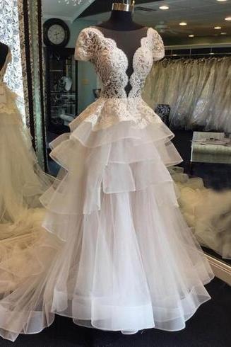 Gorgeous Tiered Skirts Lace Tulle Wedding Dresses With Sleeves 2018 Plus Size A Line Illusion Bodice Sheer Neck Backless Bridal Gowns