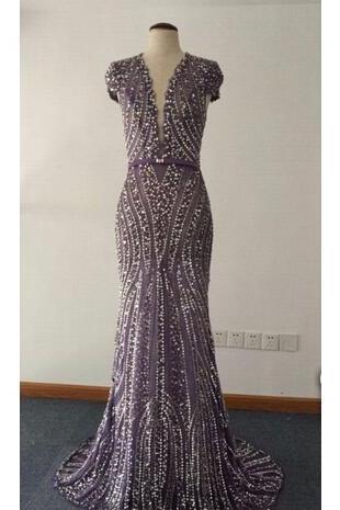 High Quality Mermaid Long Evening Dress Party Dress Deep V Neck Cap Sleeve with Beads Vestido De Festa Floor Length