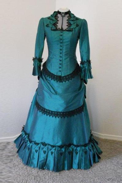 Custom Made Actual Image Turquoise Black Gothic Wedding Dresses with Long Sleeves Lolita Victorian Girl Party Dress Bridal Gowns Plus Size