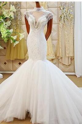 Luxury Mermaid Pearls Wedding Dresses High Neck with Beading Lace Romantic Wedding Bridal Gowns Court Train Back See Through Wedding Dress