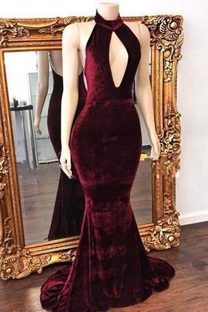 Halter Burgundy Mermaid Velvet Prom Dresses 2018 Sexy Hollow Out Backless Evening Dresses Cheap Long Sweep Train Fashion Wear