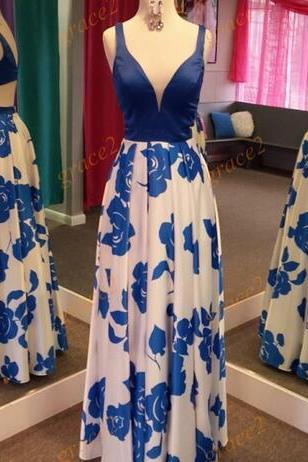 White And Blue Plunging V-neckline Floral Printed Open Back Prom Dress