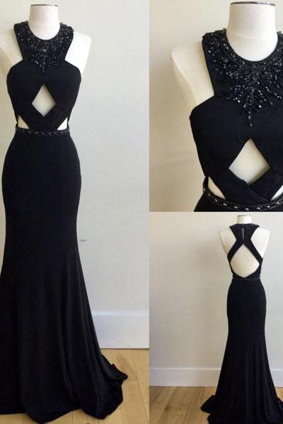  black mermaid long prom dress, black formal dress