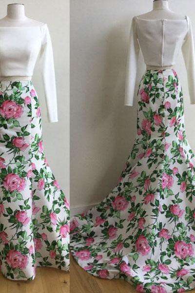  White printing long prom gown for teens, white evening dress