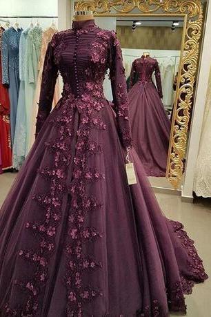 Luxury 3D Rose Floral High Neck Long Sleeve Prom Dresses 2018 Grape Applique Muslim Dubai Arabic Caftan Occasion plus size Evening Gown