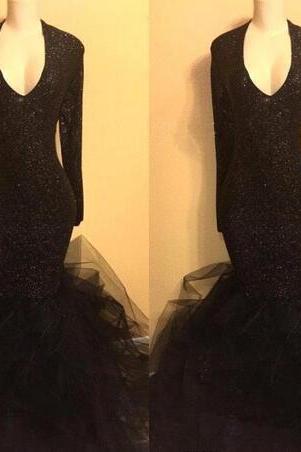 2018 Black V Neck Long Sleeves Mermaid Evening Dresses Tulle Sequined Floor Length Formal Party Prom Dresses