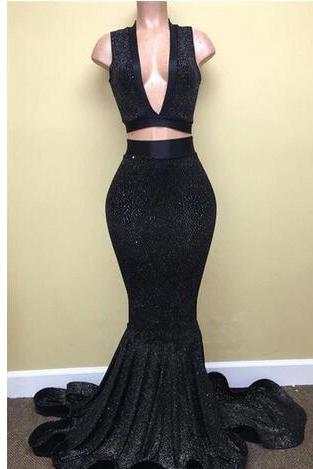 2018 Black Two Pieces Deep V Neck Mermaid Long Prom Dresses Sleeveless Sweep Train Formal Party Prom Gowns Evening Celebrity Dresses