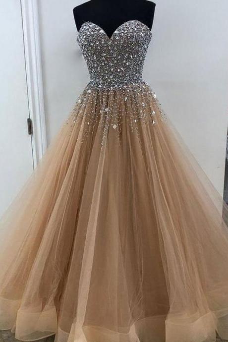 Beaded Embellished Sweetheart Floor Length Tulle Prom Dress