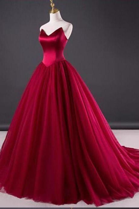 Burgundy Satin Sweetheart Floor Length Tulle Prom Gown Featuring Lace-Up Back and Train 