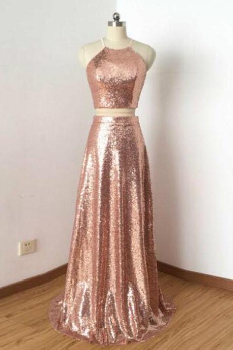 2018 Two Piece Prom Dress Lace Pink Cheap Long Prom Dress 