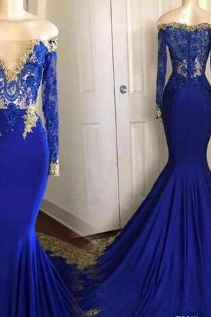 Actual Picture Blue And Gold Mermaid Formal Evening Dress 2018 Bateau Lace Applique Zipper Sweep Train Arabic Muslim Prom Pageant Gown