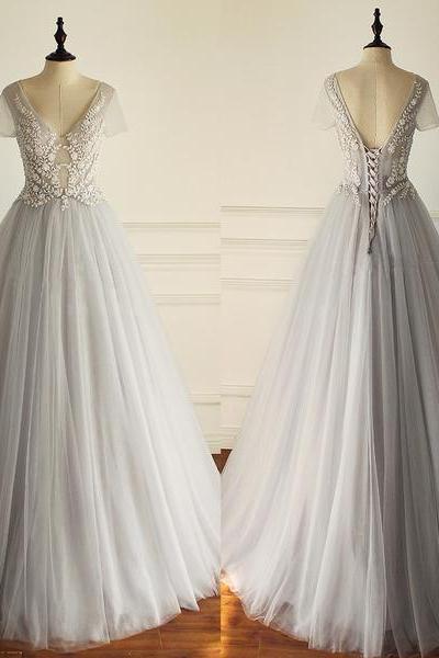 2018 Charming Tulle Short Sleeves Gorgeous V Neck Sexy Wedding Dress, Bridals Dress