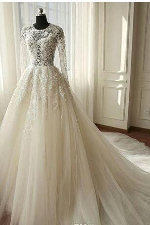 Elegant A-line Wedding Dress 2018 Summer Scoop Chapel Train Tulle 3d Lace Appliques Long Sleeves Zipper-up Bridal Gowns Custom Made
