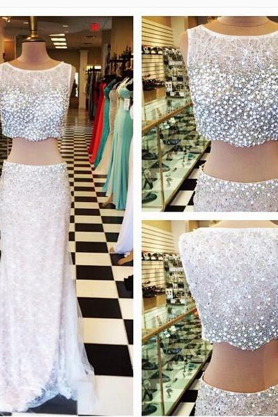 Luxury Two Pieces Prom Dresses Crew Neck Beading Crystals Evening Dresses Party Gowns Vestidos