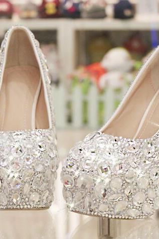 Women Shoes, Ladies Luxury Crystal Diamond Wedding Shoes, Waterproof Platform Bridal Shoes, High-heeled Shoes Pumps