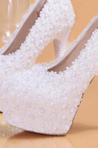 Women Shoes, Ladies Pearls Wedding Shoes, Waterproof Platform Bridal Shoes, High-heeled Lace Shoes Pumps