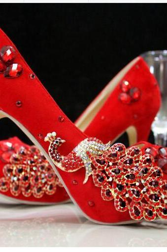 Women Shoes, Red Wedding Shoes, Waterproof Platform Bridal Shoes, High-heel Shoes Pumps