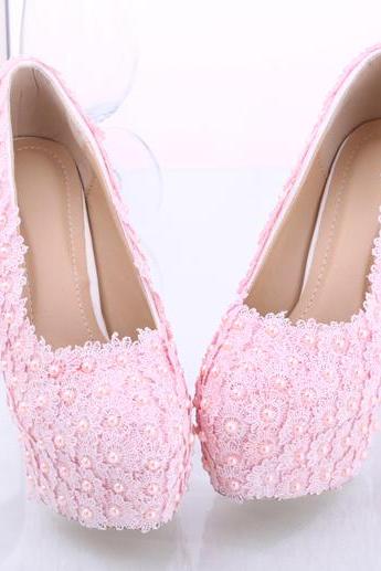 Women Shoes, Light Pink Lace Pearls Wedding Shoes, Waterproof Platform Bridal Shoes, High-heels Shoes Pumps