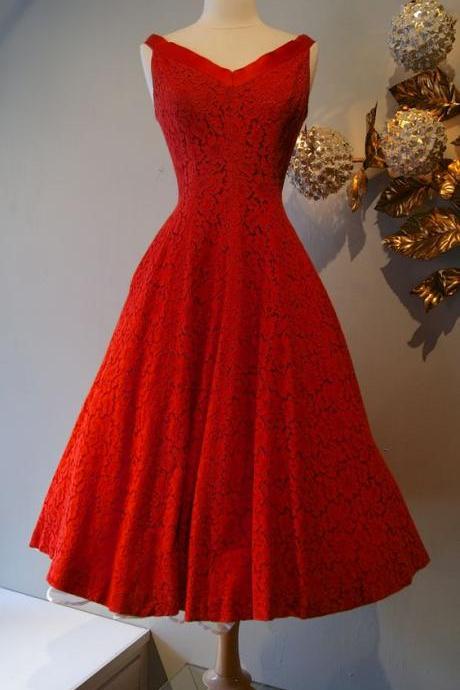 1950S Vintage Prom Dress, Red Prom Gowns, Mini Short Homecoming Dress, Lace Homecoming Gowns