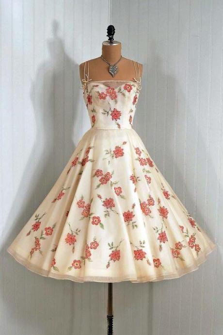 Vintage Floral A-line Tea-length Evening Dress with Sweetheart Neckline