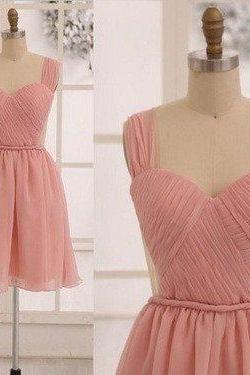 Pink Sleeveless Sweetheart Ruched Chiffon Short Bridesmaid Dress, Homecoming Dress Featuring Open Back