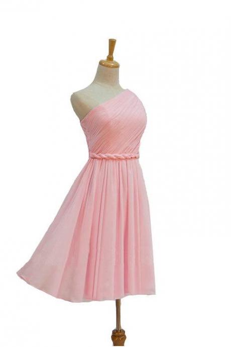 Pink One-shoulder Ruched Short Bridesmaid Dress, Homecoming Dress, Prom Dress