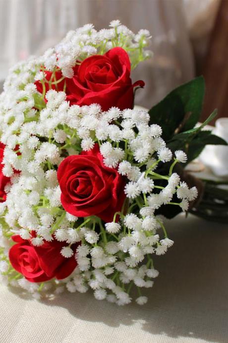 New Arrival Wedding Bouquet Handmade Flowers White Babysbreath and Red Rose Bridal Bouquet Wedding bouquets