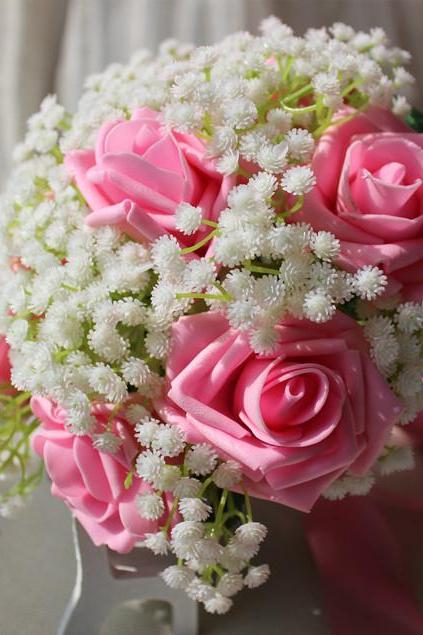 New Arrival Wedding Bouquet Handmade Flowers Pink Rose and White Babysbreath Bridal Bouquet Wedding bouquets