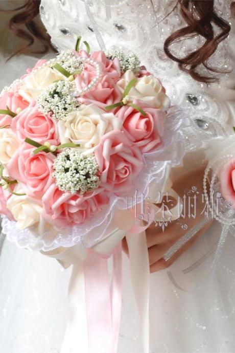 New Arrival Wedding Bouquet Handmade Flowers Ivory and Light Pink Rose with Pearls Bridal Bouquet Wedding bouquets