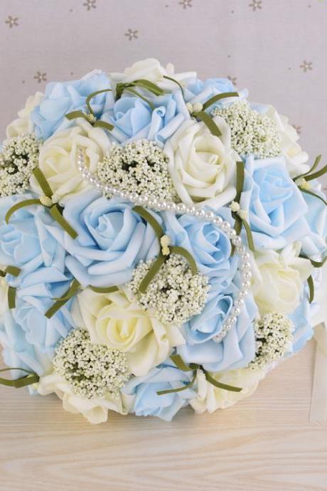 New Arrival Wedding Bouquet Handmade Flowers Ivory and light Blue Rose with Pearls Bridal Bouquet Wedding bouquets