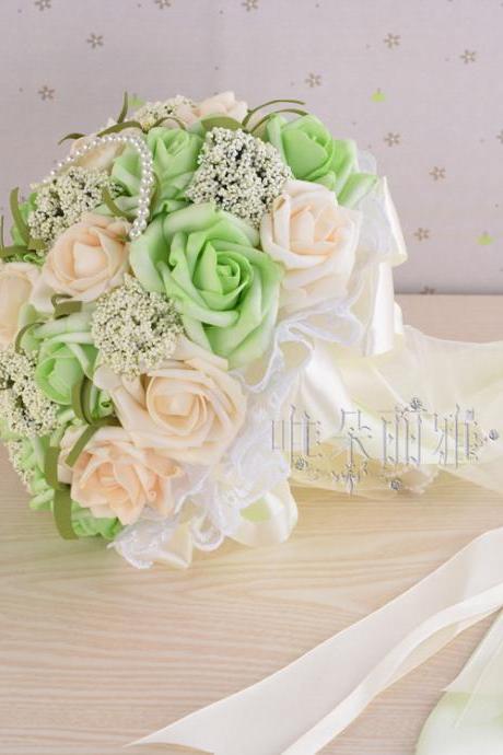 New Arrival Wedding Bouquet Handmade Flowers Ivory and Light Green Rose with Pearls Bridal Bouquet Wedding bouquets