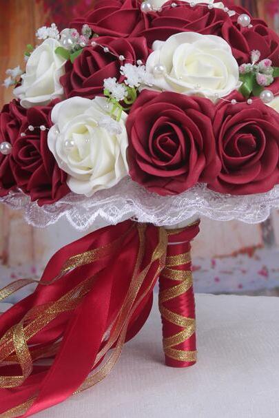 New Arrival Wedding Bouquet Handmade Flowers Burgundy Red Wine Rose Bridal Bouquet Wedding bouquets