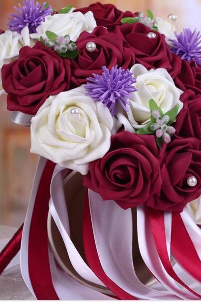 New Arrival Wedding Bouquet Handmade Flowers Burgundy Red Wine and White Rose Bridal Bouquet Wedding bouquets