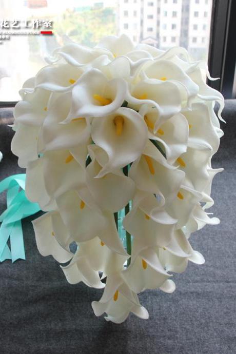 2017 White Arrive Handmade Flowers Calla Wedding Bouquets Calla Lily Teardrop Cascade Bridal Bridesmaid Bouquets Wedding Flowers